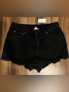 aerie Black Distressed Frayed Hem Denim Shorts
